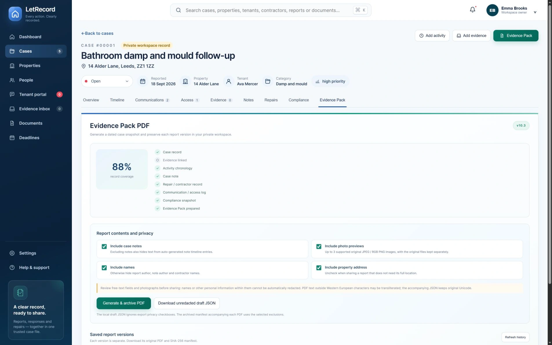 Real LetRecord Evidence Pack screen with privacy checkboxes and report history