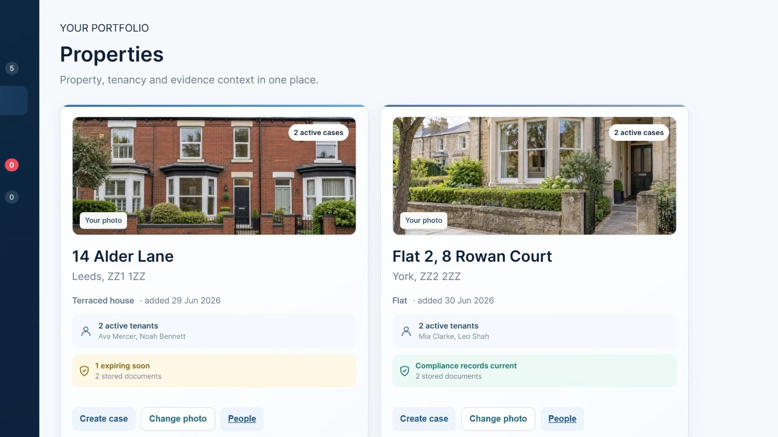 Actual LetRecord property portfolio with fictional English addresses